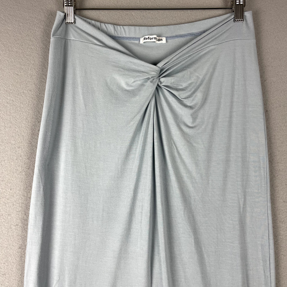 Reformation Rylan Midi Skirt Womens Large Blue Twist Front Knot Ruched Pull On - Picture 3 of 15